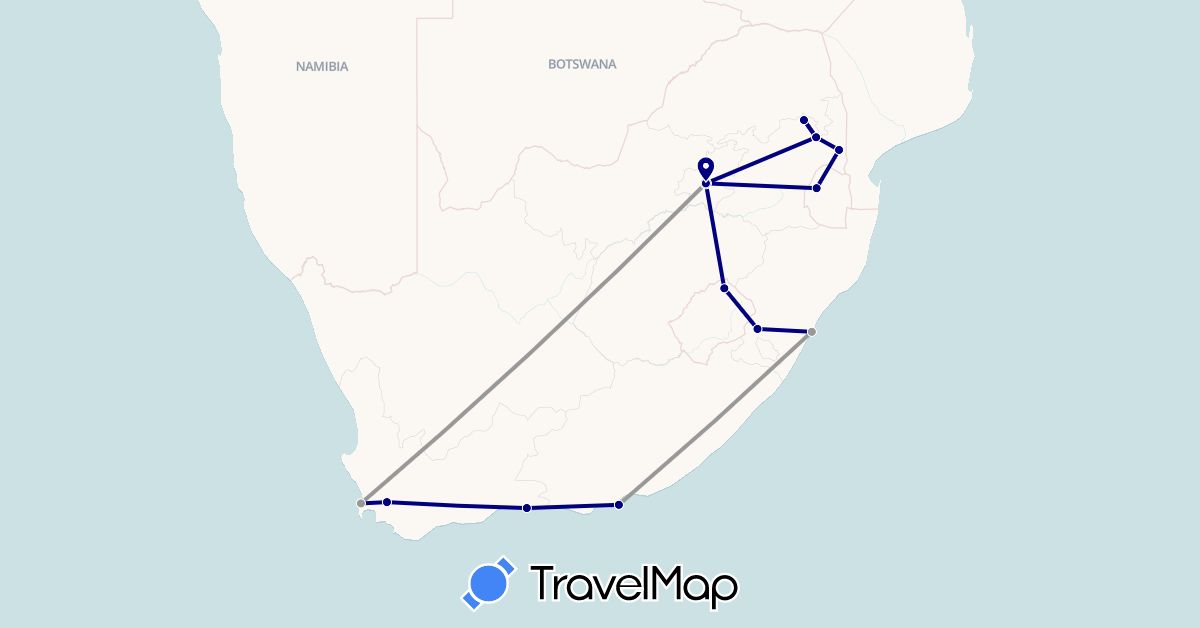 TravelMap itinerary: driving, plane in Lesotho, Swaziland, South Africa (Africa)